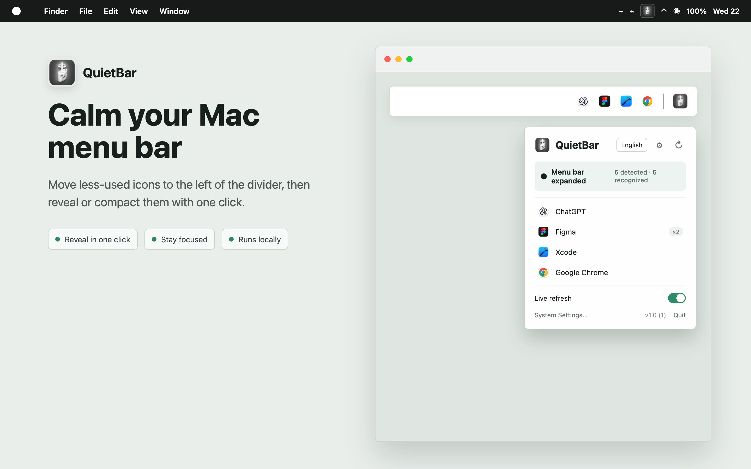 QuietBar compacting a crowded macOS menu bar