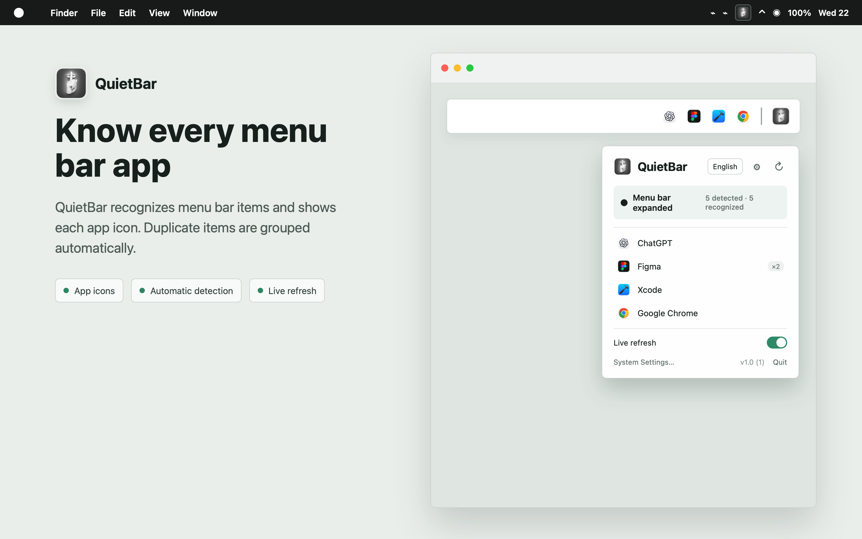 QuietBar identifying menu bar apps